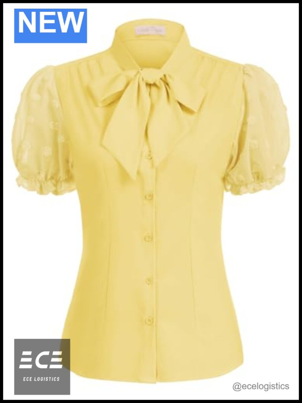 Women's Swiss Dot Puff Sleeve Blouse Bow Tie Business Top